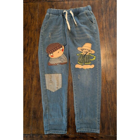 Patchwork Denim Jeans Sz 29 Streetwear Cute Distressed Drawstring Pants - Picture 1 of 9